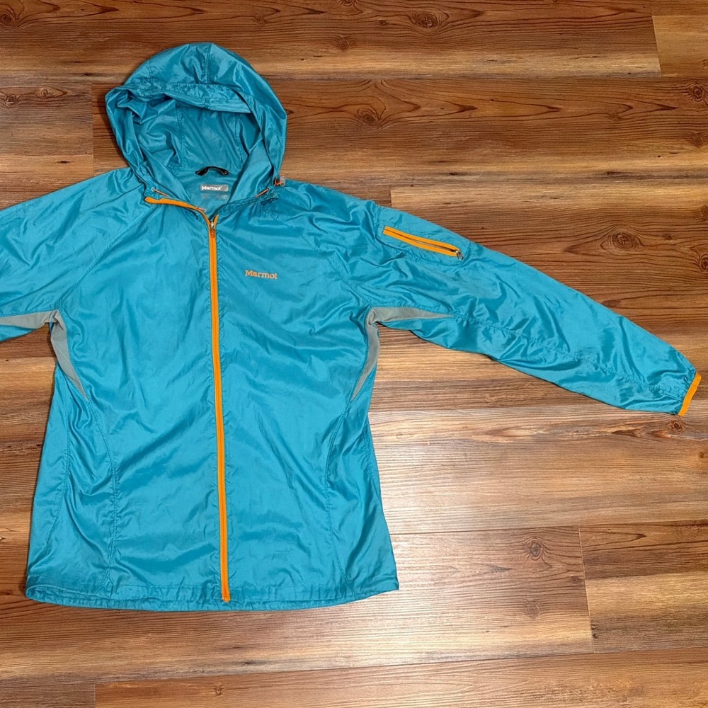 Marmot Mens‎ Large Teal Blue Orange Full Zip Hooded Windbreaker Jacket Shell